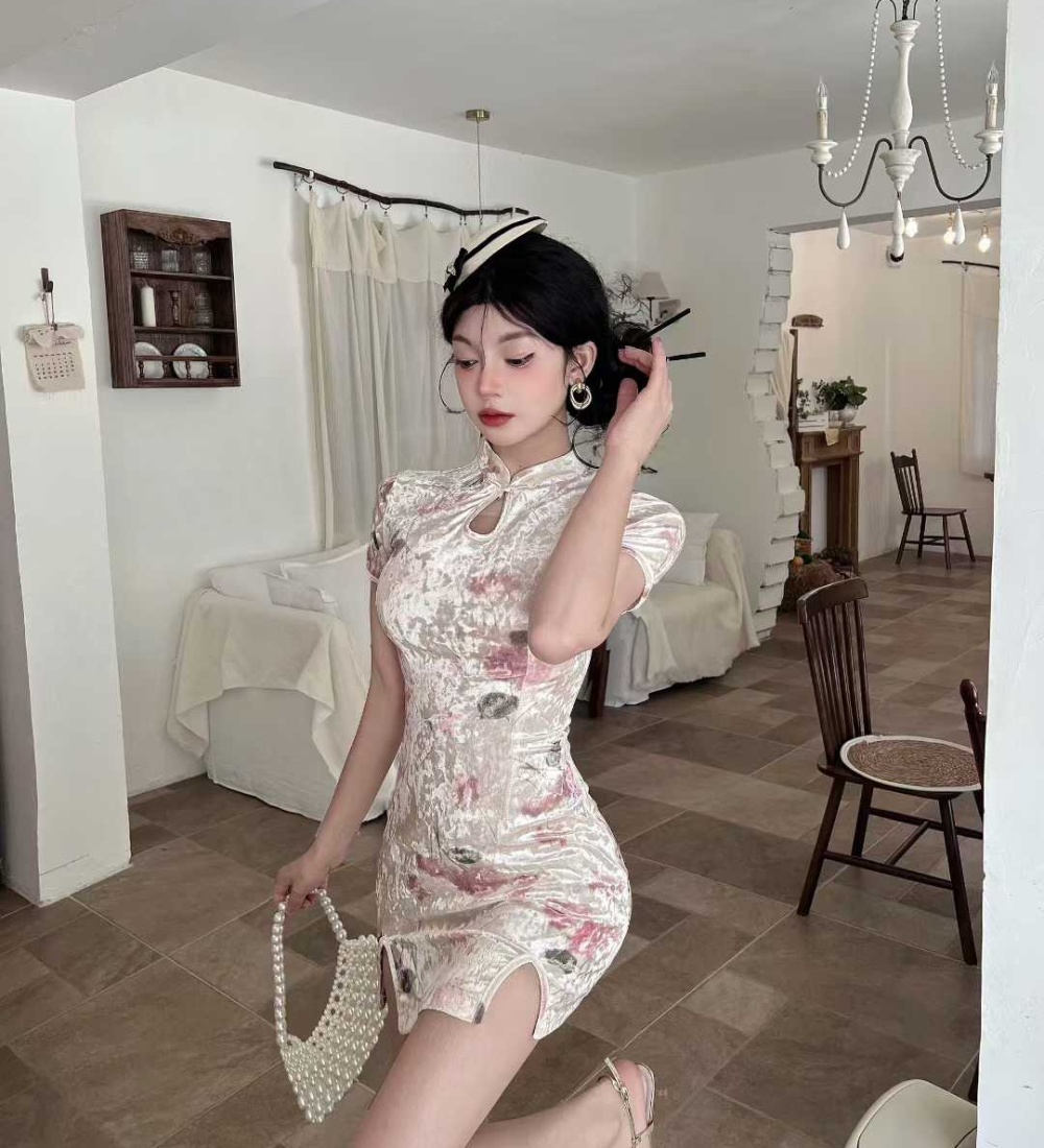 Short printing dress golden velvet elasticity cheongsam