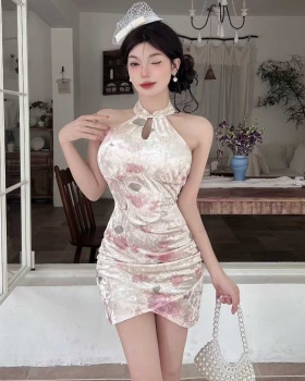 Short velvet sleeveless dress halter slim cstand collar cheongsam