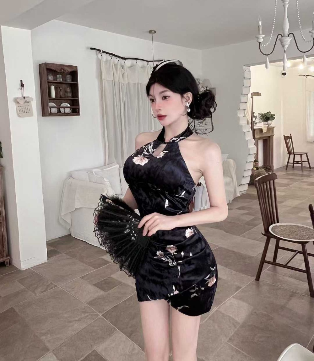 Short velvet sleeveless dress halter slim cstand collar cheongsam