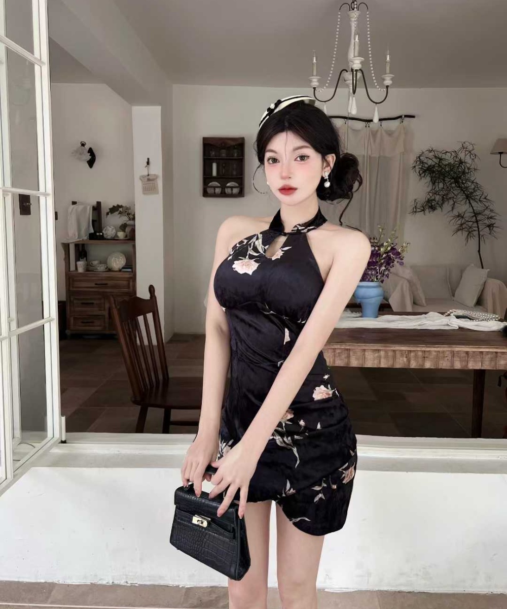 Short velvet sleeveless dress halter slim cstand collar cheongsam