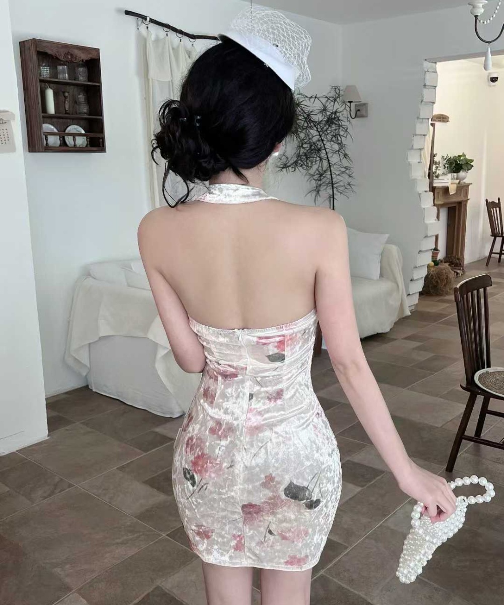 Short velvet sleeveless dress halter slim cstand collar cheongsam