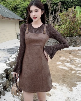 Leatherette dress autumn strap dress 2pcs set