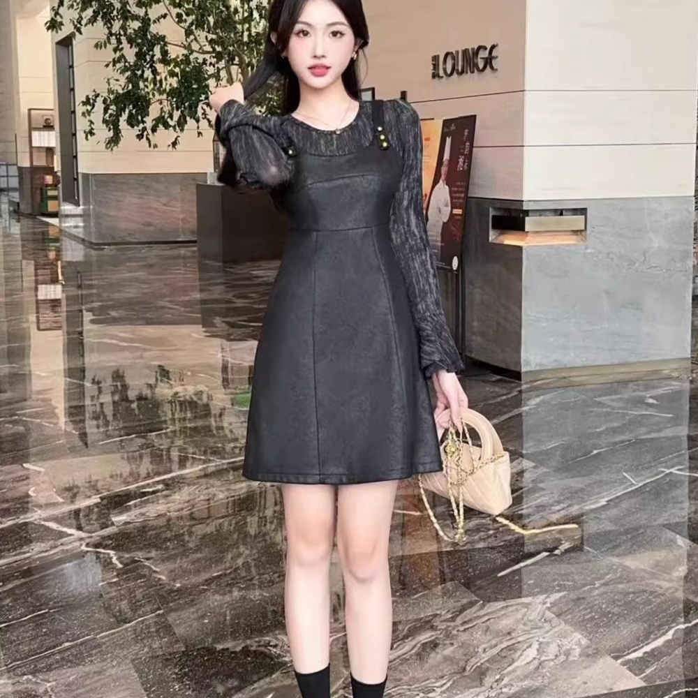 Leatherette dress autumn strap dress 2pcs set