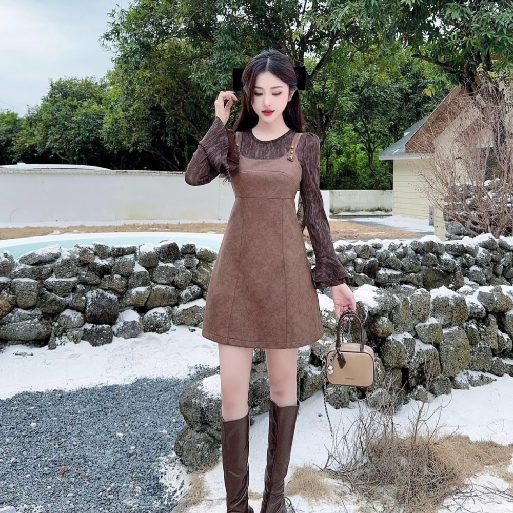 Leatherette dress autumn strap dress 2pcs set