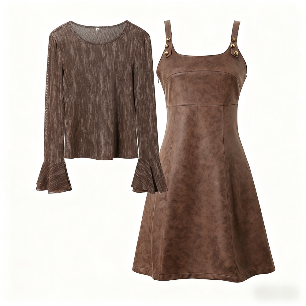 Leatherette dress autumn strap dress 2pcs set