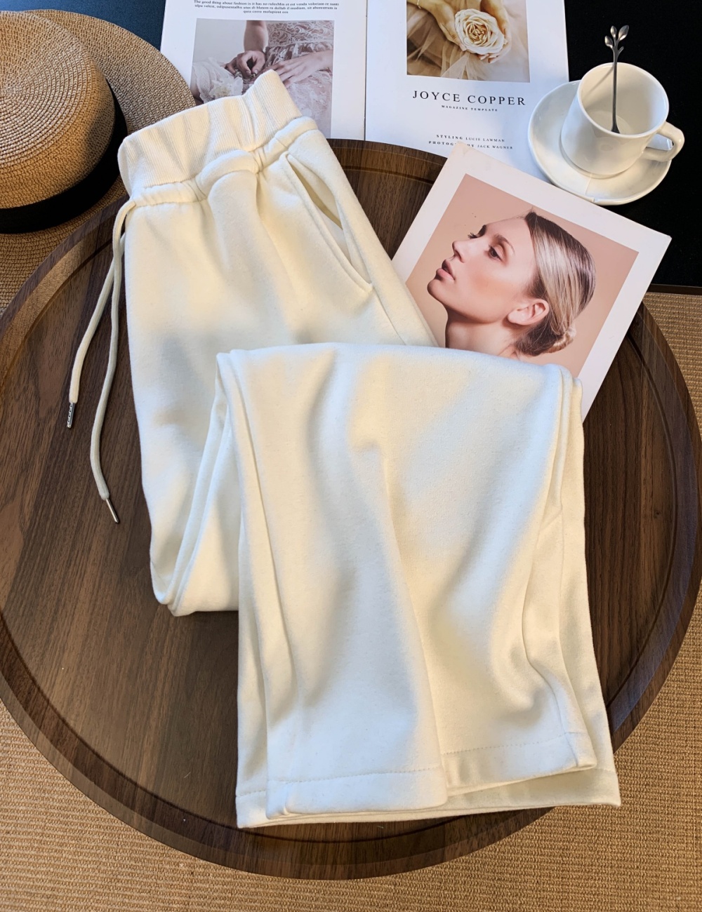 Lamb fur straight wide leg pants high waist pants