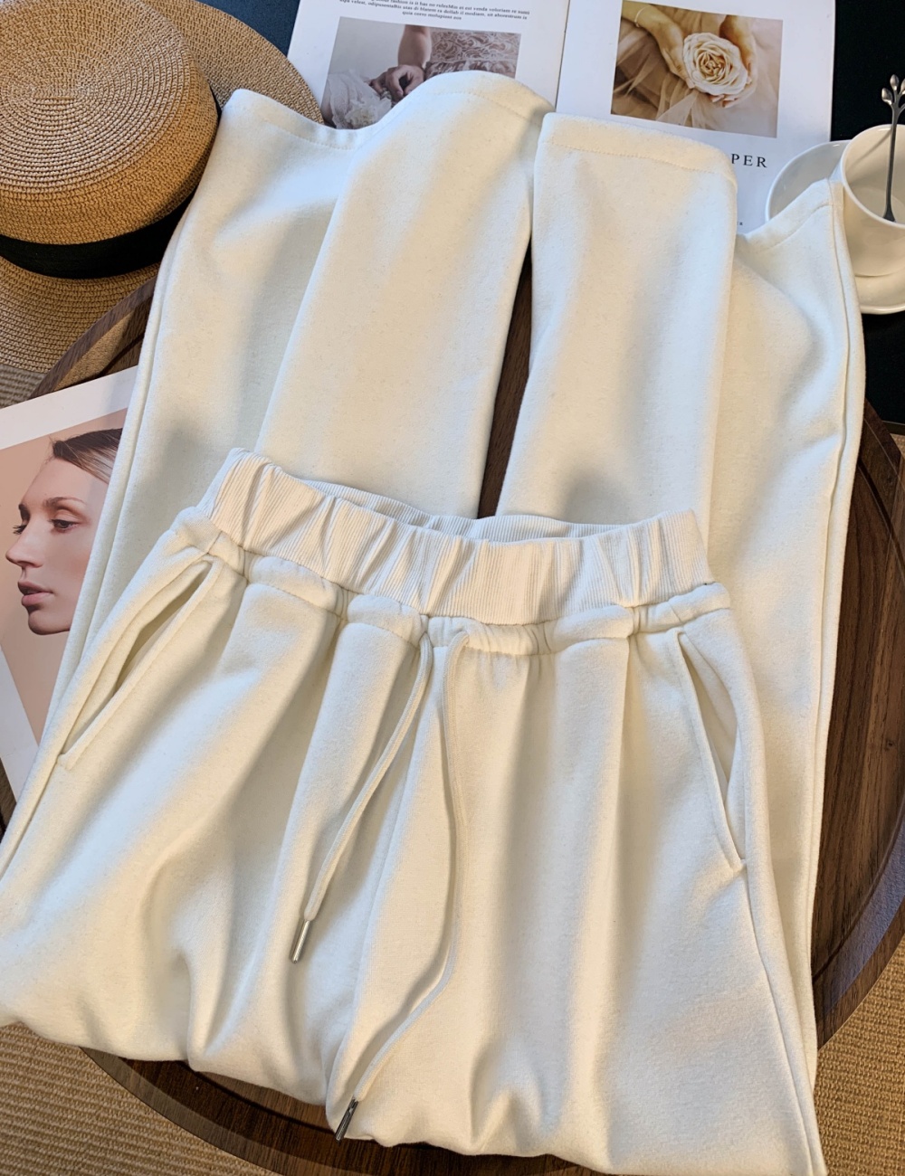 Lamb fur straight wide leg pants high waist pants