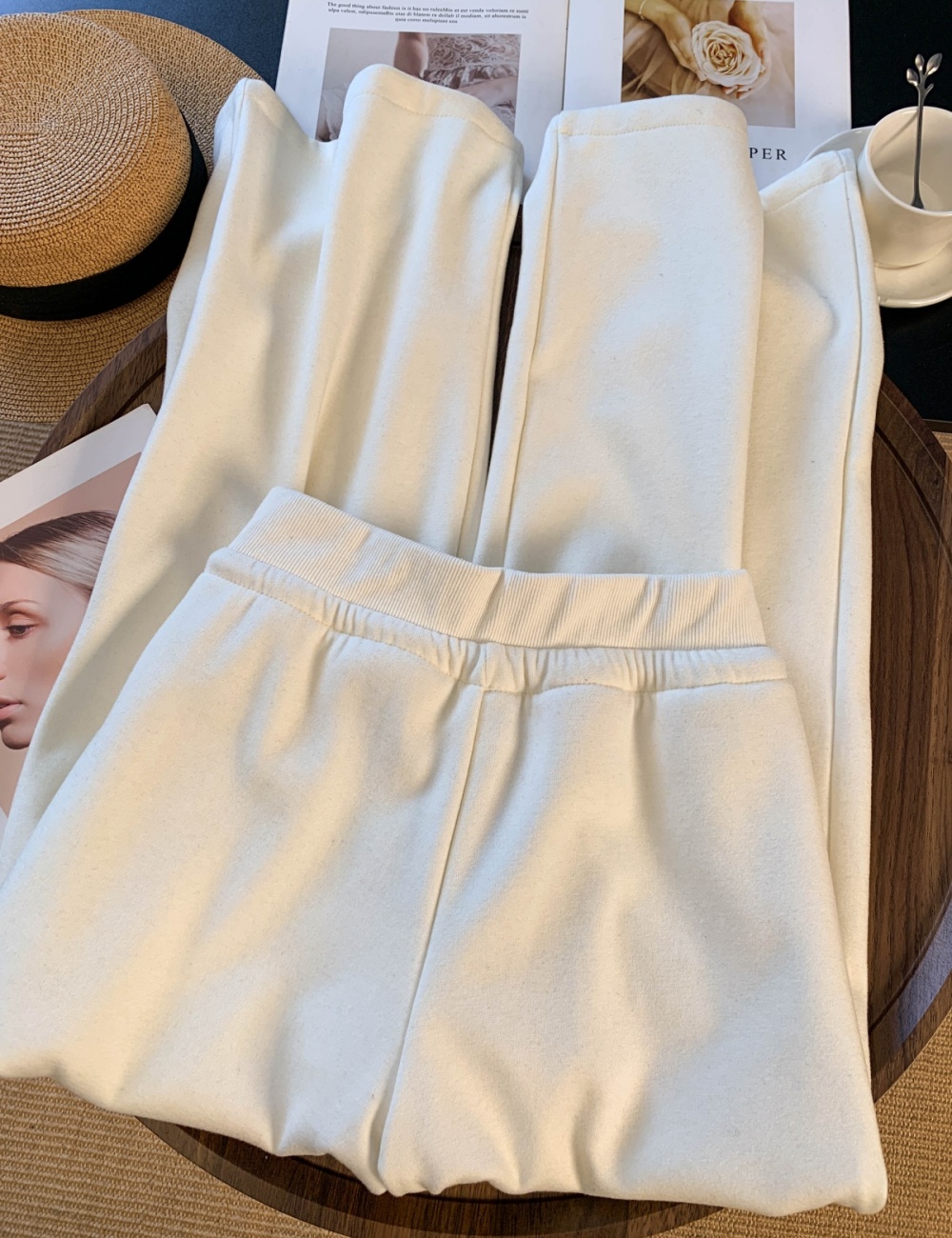 Lamb fur straight wide leg pants high waist pants