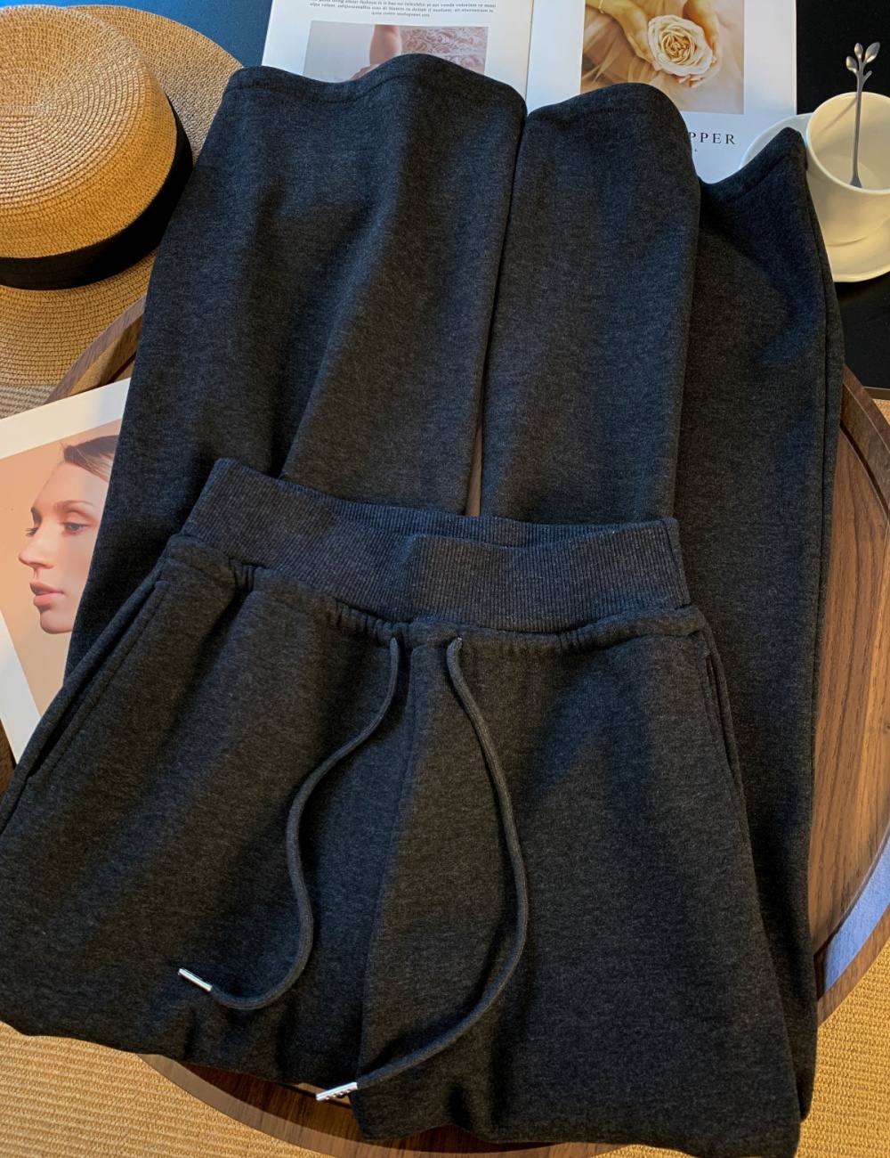 Lamb fur straight wide leg pants high waist pants