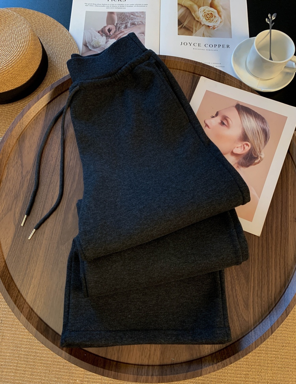 Lamb fur straight wide leg pants high waist pants