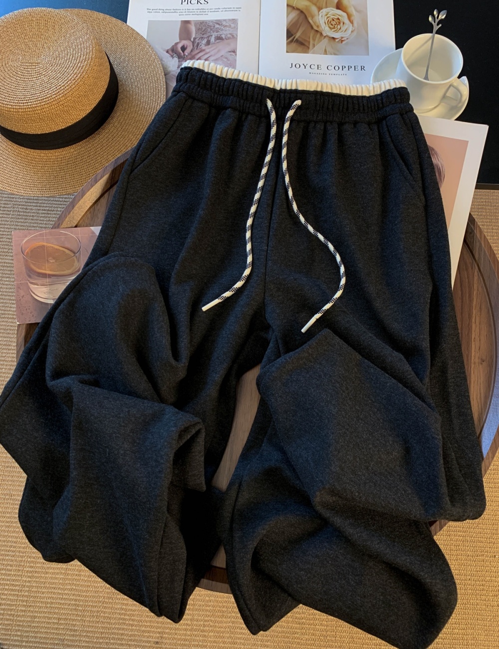 High waist mixed colors sweatpants winter wide leg pants