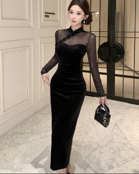 Retro slim split splice autumn gauze dress