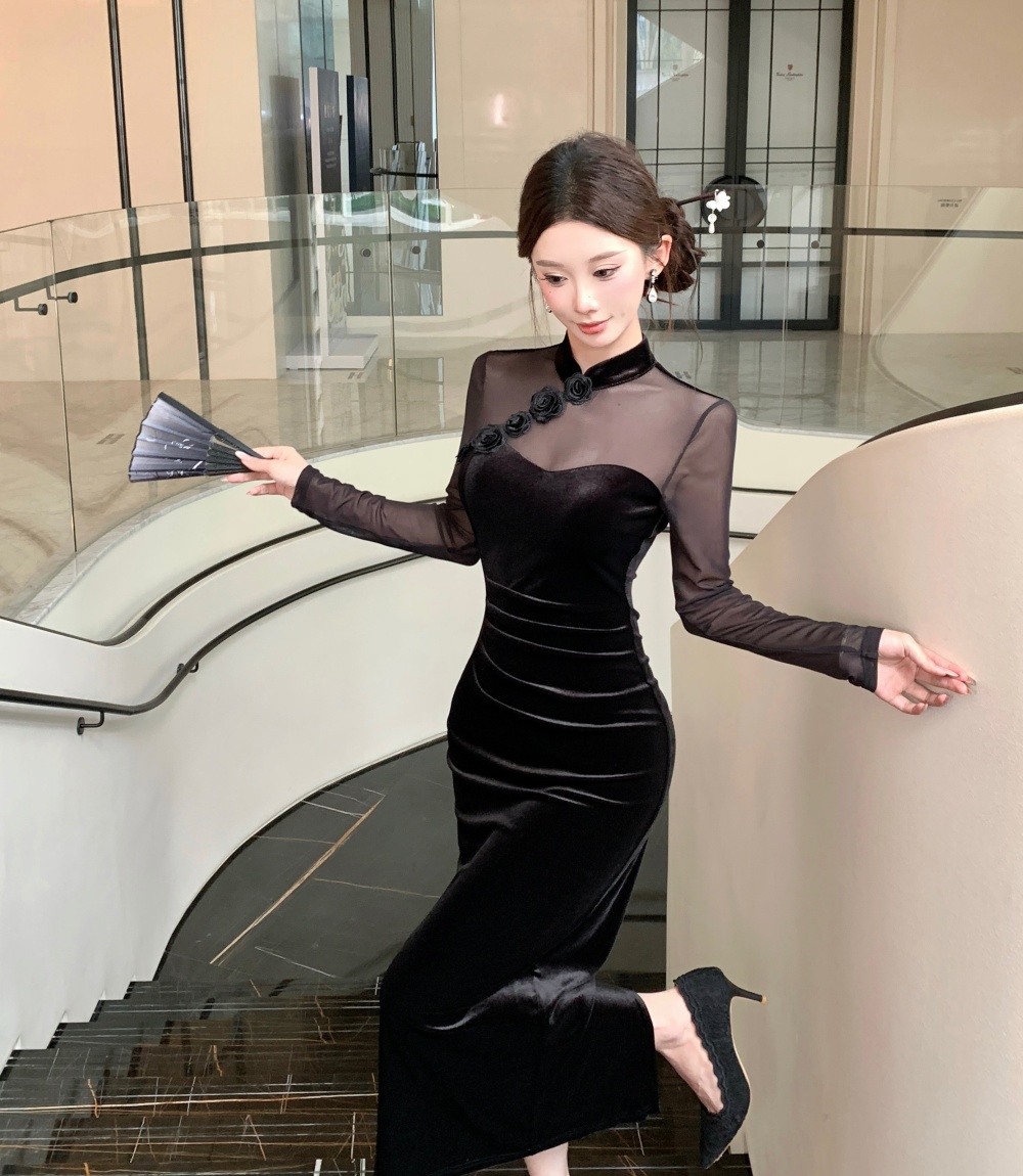 Retro slim split splice autumn gauze dress