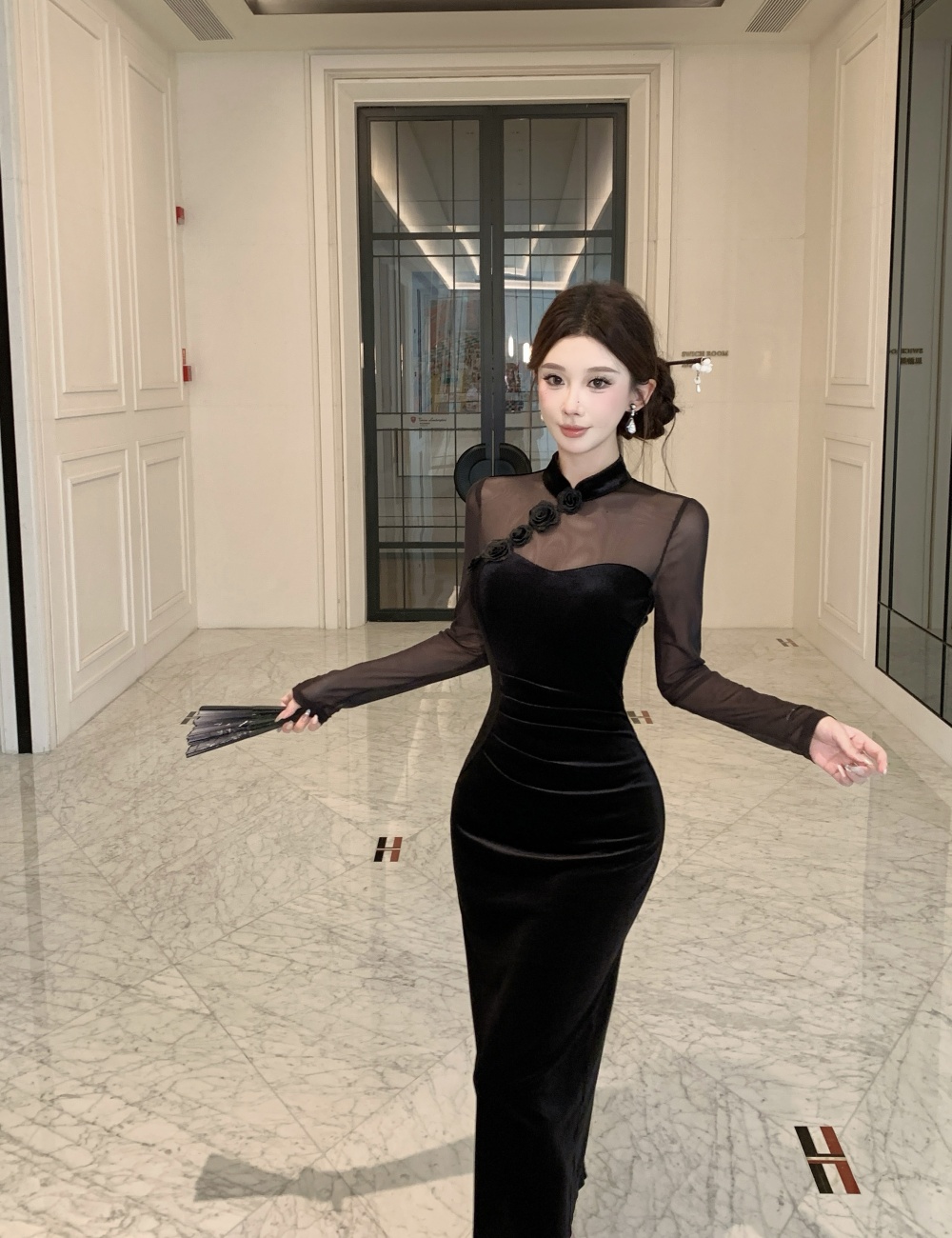 Retro slim split splice autumn gauze dress