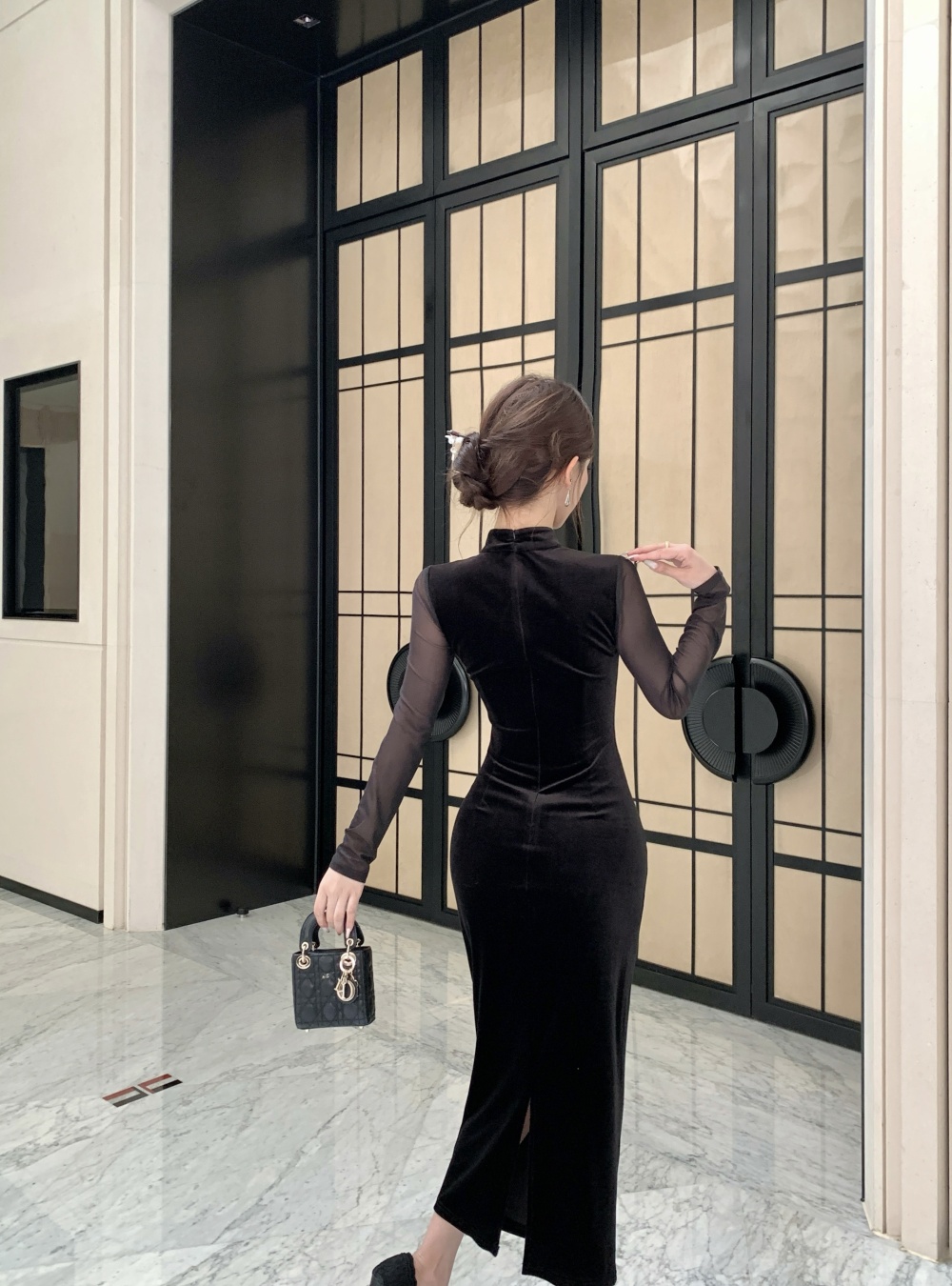 Retro slim split splice autumn gauze dress