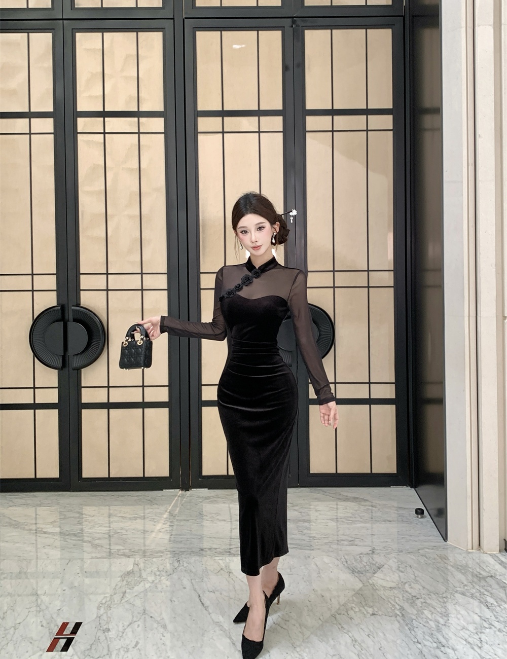 Retro slim split splice autumn gauze dress