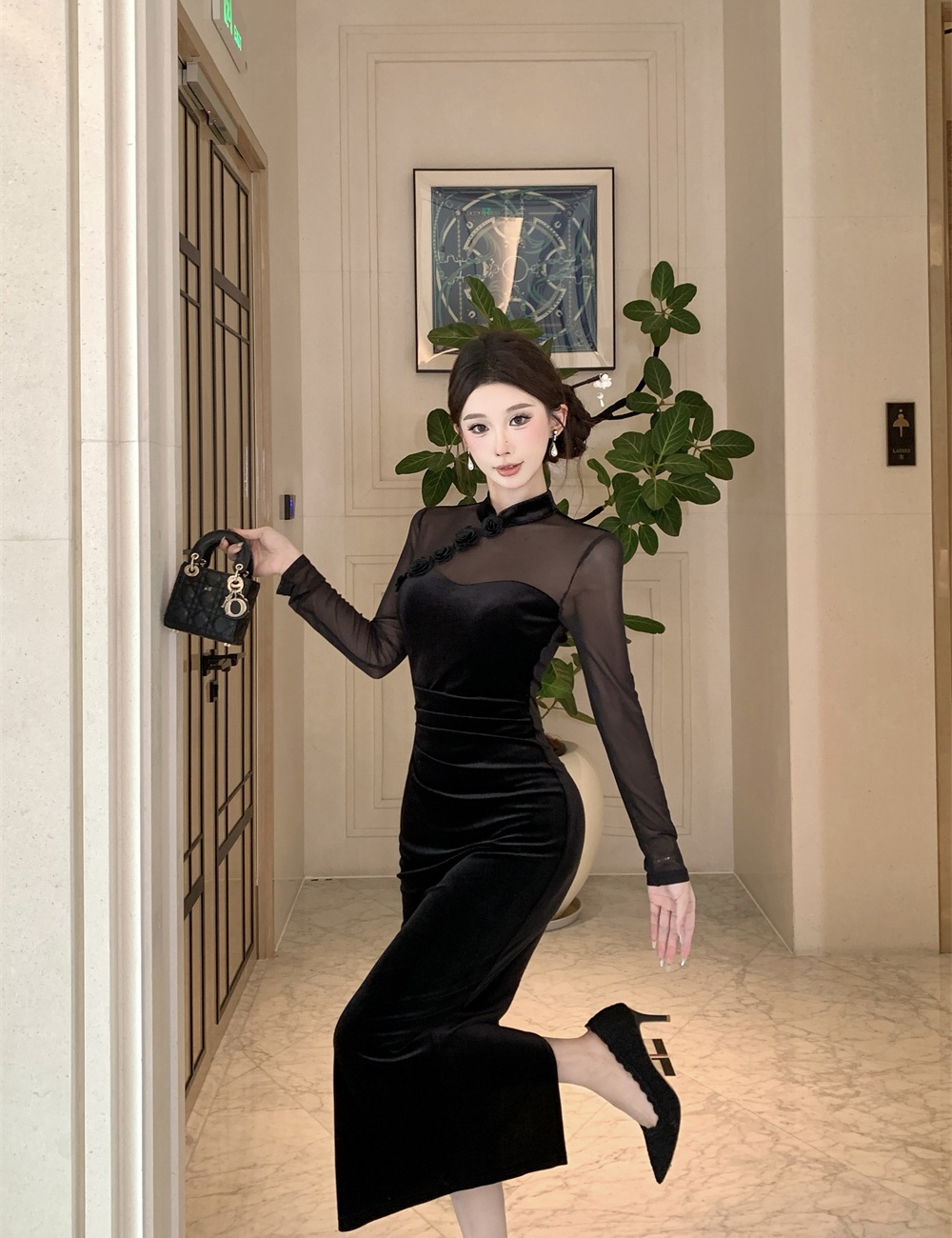 Retro slim split splice autumn gauze dress