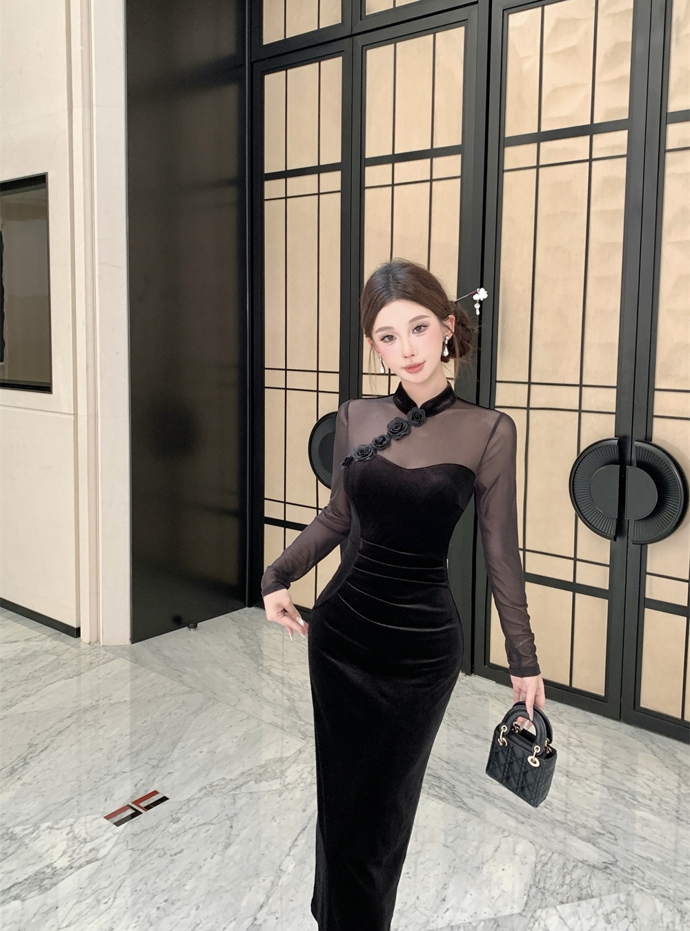 Retro slim split splice autumn gauze dress