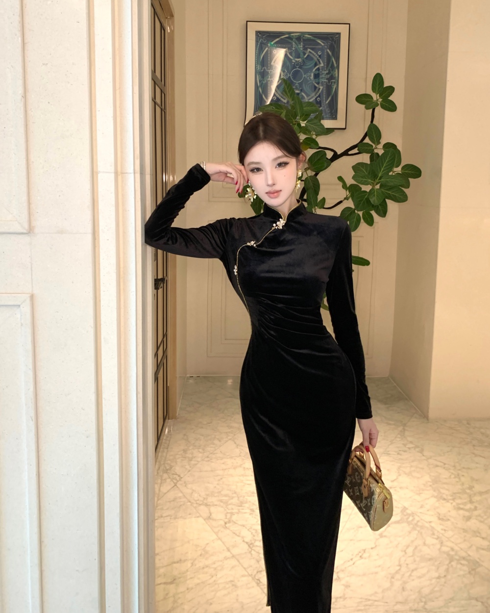Slim autumn temperament velvet retro dress