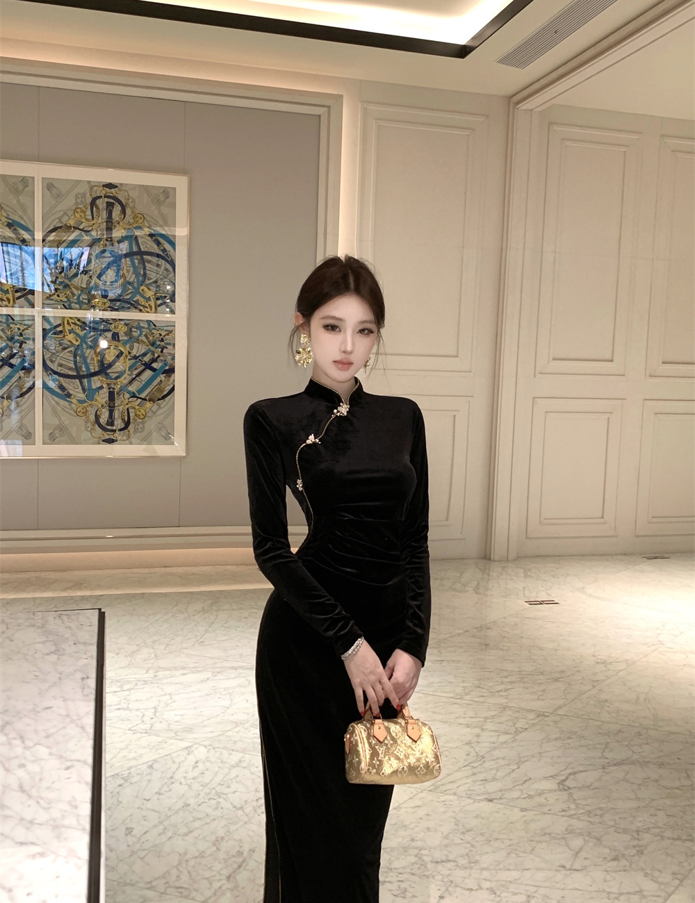 Slim autumn temperament velvet retro dress