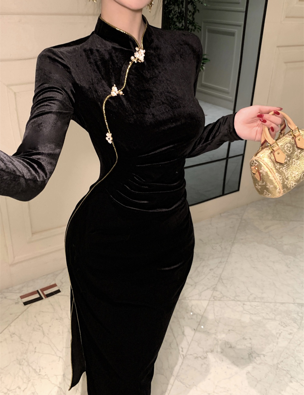 Slim autumn temperament velvet retro dress