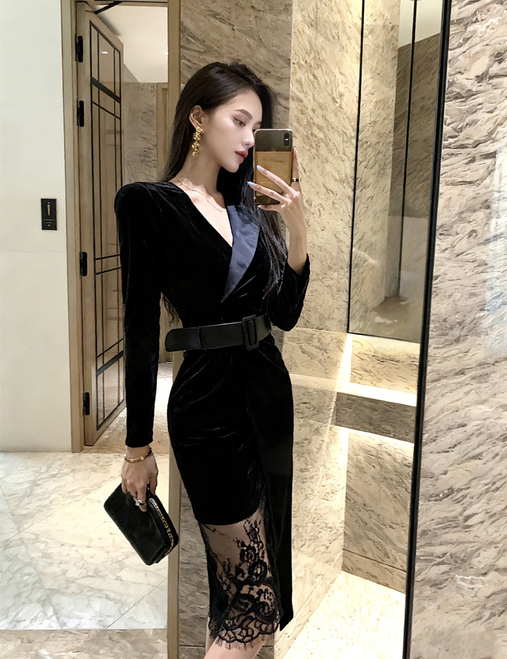 With belt splice lace dress autumn sexy slim business suit