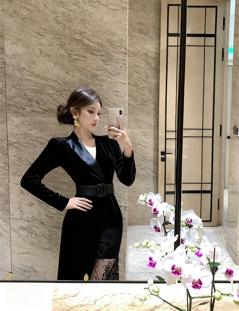 With belt splice lace dress autumn sexy slim business suit