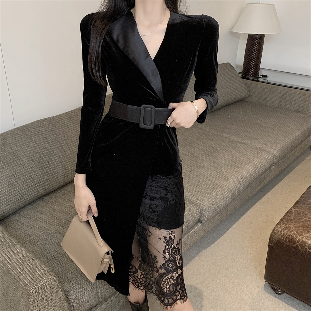 With belt splice lace dress autumn sexy slim business suit