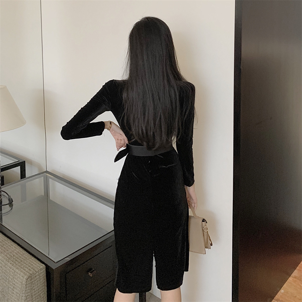 With belt splice lace dress autumn sexy slim business suit