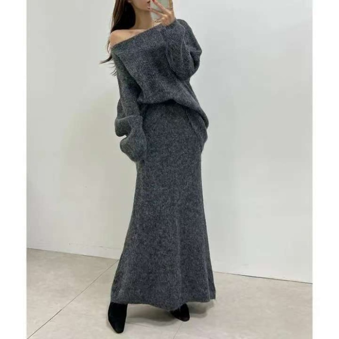 Strapless slim sweater knitted skirt 2pcs set for women