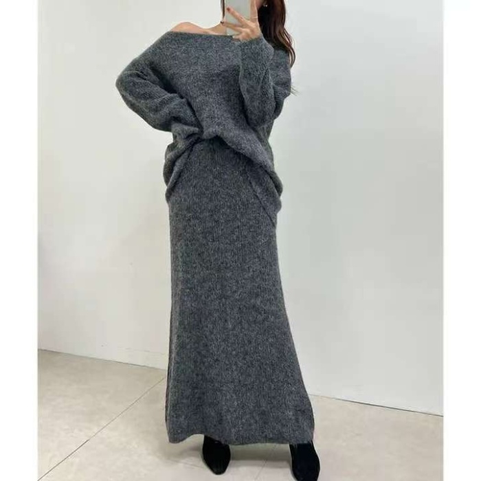 Strapless slim sweater knitted skirt 2pcs set for women
