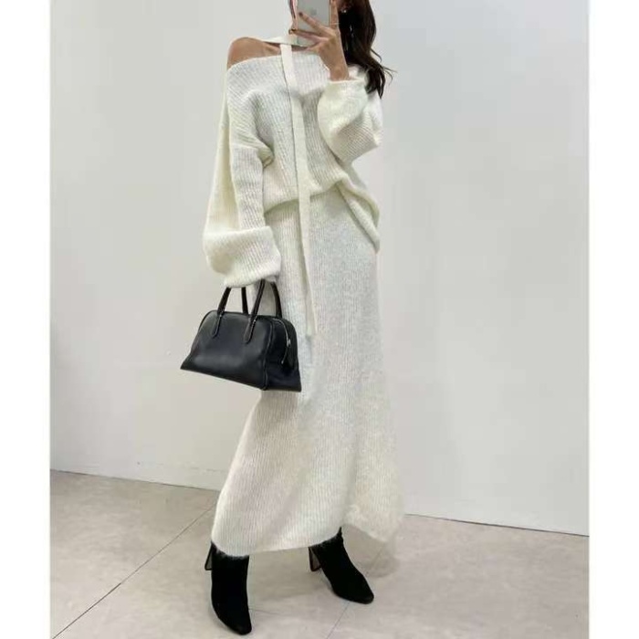 Strapless slim sweater knitted skirt 2pcs set for women