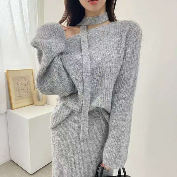 Strapless slim sweater knitted skirt 2pcs set for women