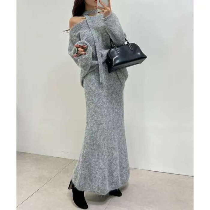 Strapless slim sweater knitted skirt 2pcs set for women