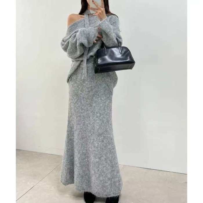 Strapless slim sweater knitted skirt 2pcs set for women
