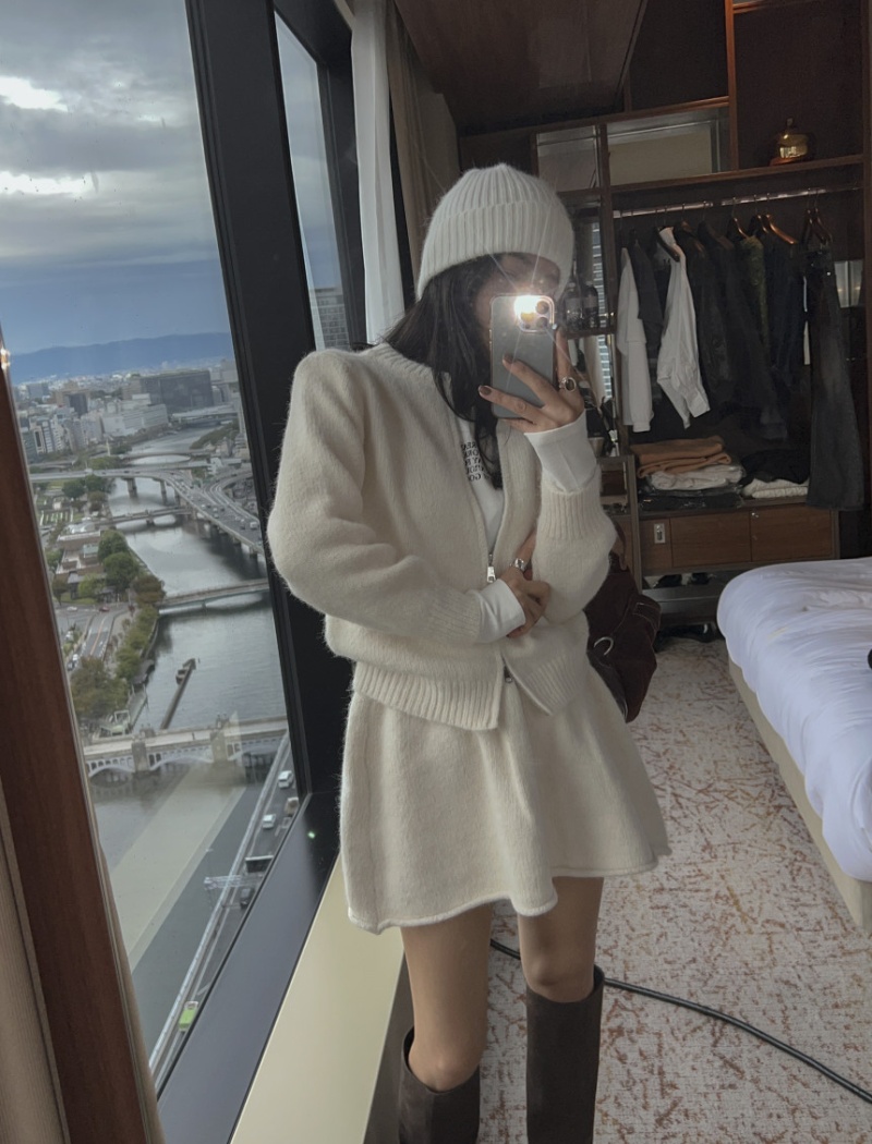 Knitted tender dress lazy temperament short skirt 2pcs set