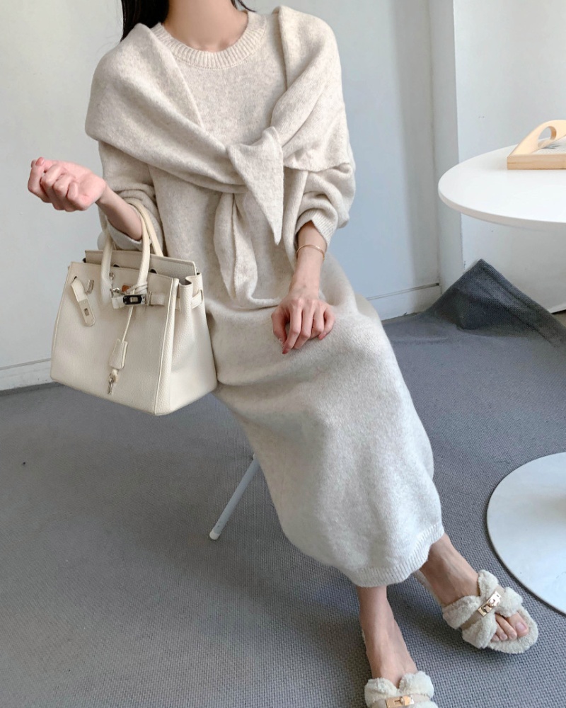 Loose knitted sweater winter dress 2pcs set for women