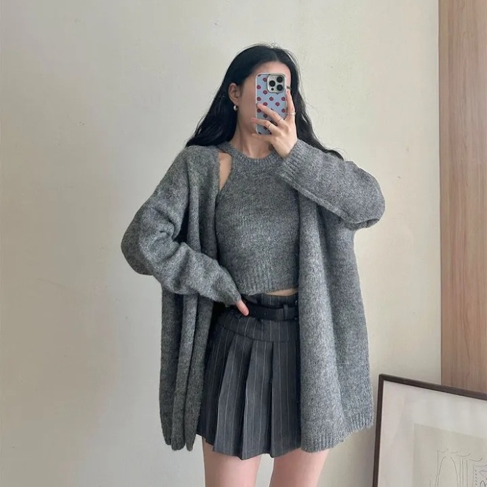 Korean style knitted sweater lazy vest 2pcs set