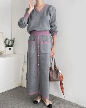 High waist autumn double pocket tops V-neck elegant skirt