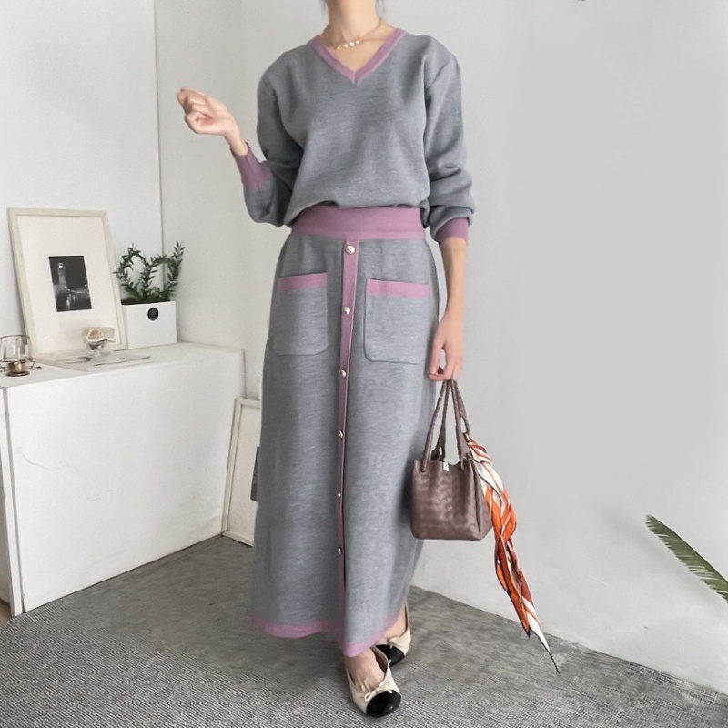 High waist autumn double pocket tops V-neck elegant skirt