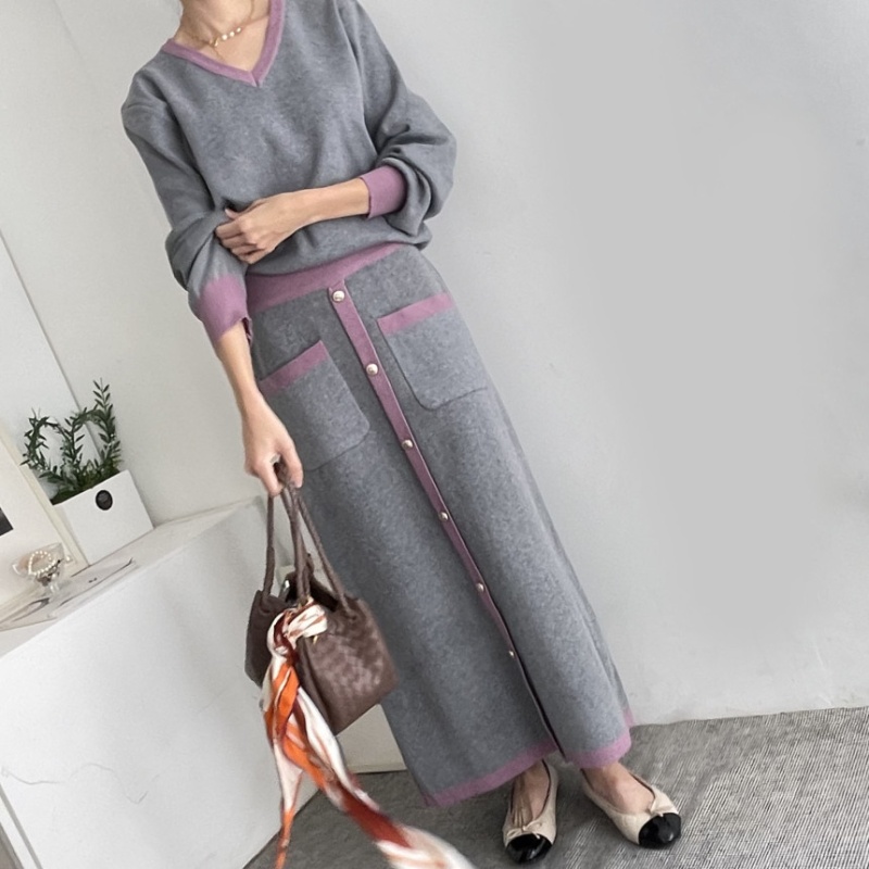 High waist autumn double pocket tops V-neck elegant skirt