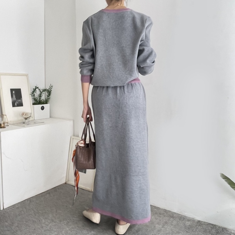 High waist autumn double pocket tops V-neck elegant skirt