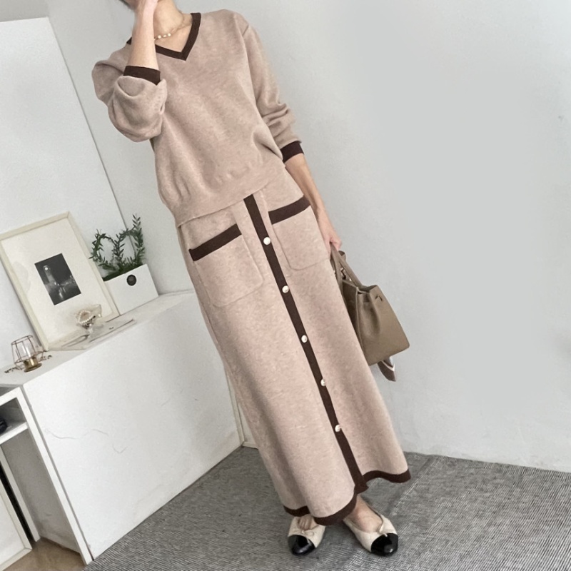 High waist autumn double pocket tops V-neck elegant skirt