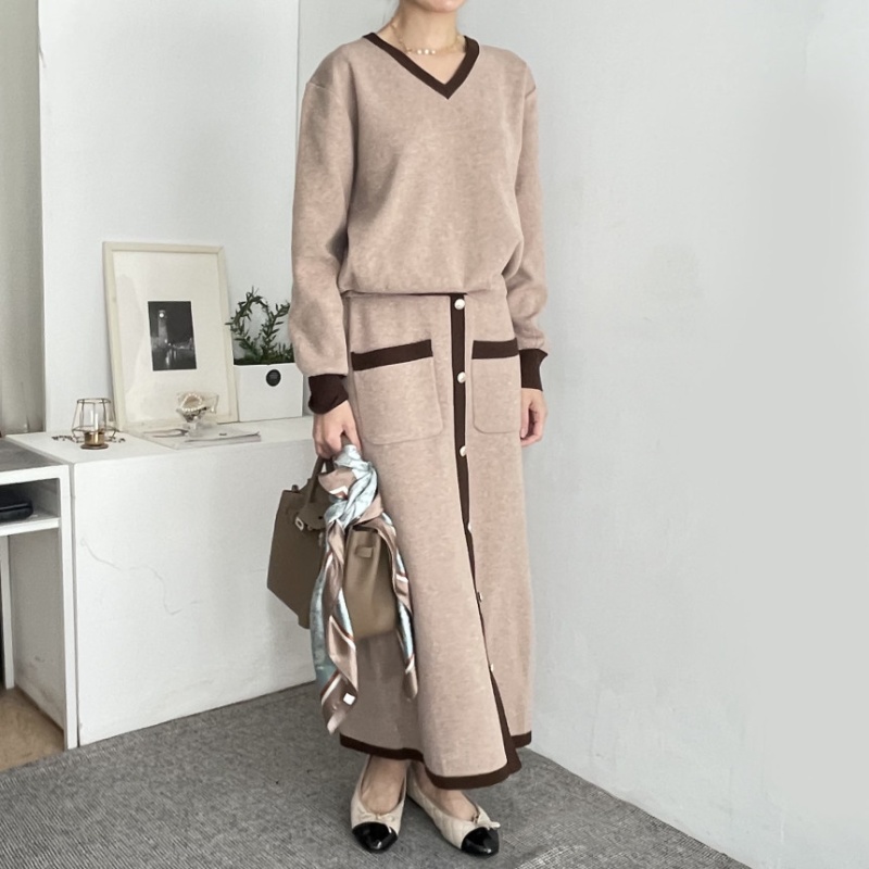 High waist autumn double pocket tops V-neck elegant skirt