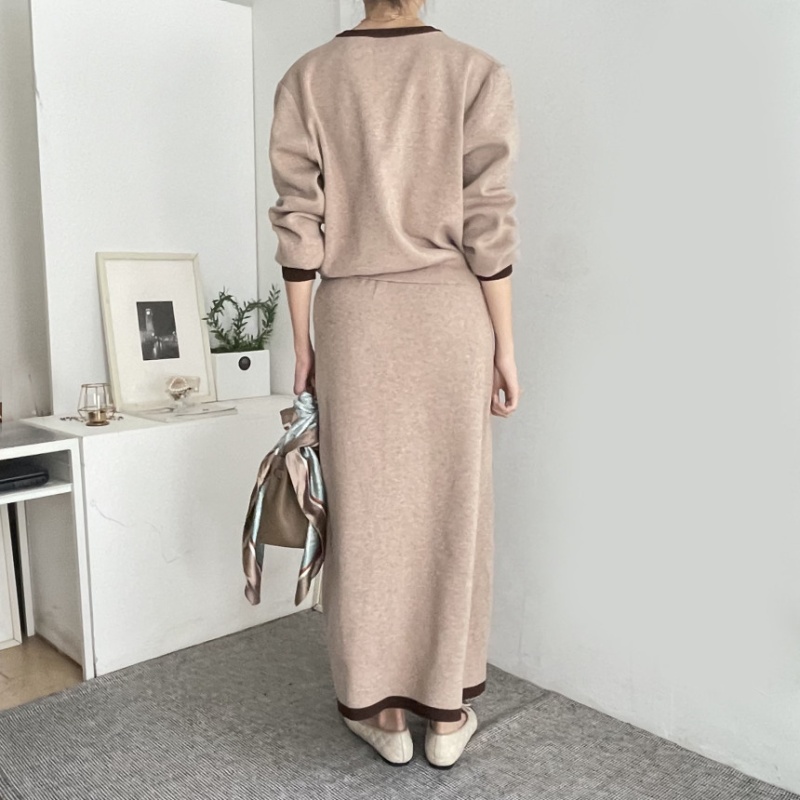 High waist autumn double pocket tops V-neck elegant skirt