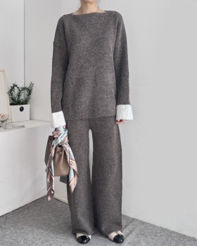 Korean style tops high waist wide leg pants 2pcs set