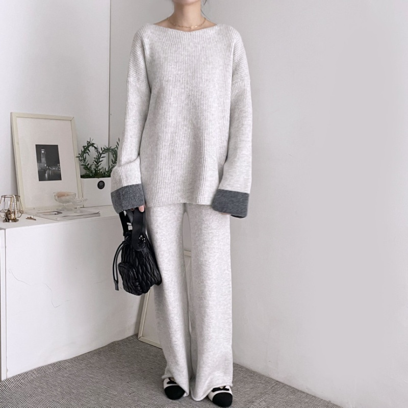 Korean style tops high waist wide leg pants 2pcs set