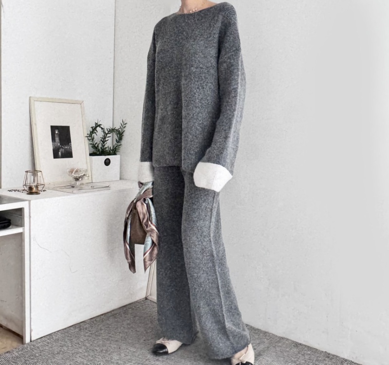 Korean style tops high waist wide leg pants 2pcs set