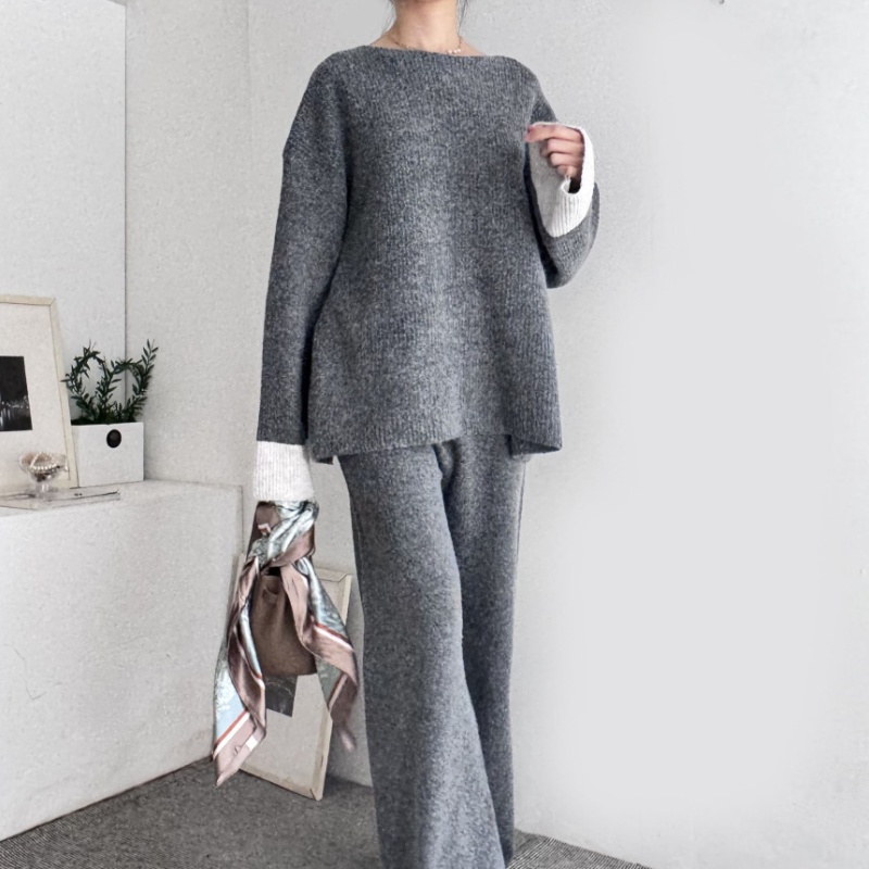 Korean style tops high waist wide leg pants 2pcs set