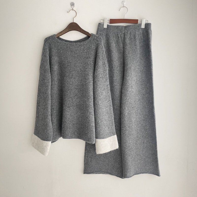 Korean style tops high waist wide leg pants 2pcs set